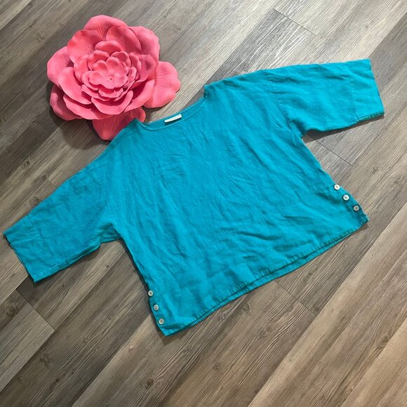 bryn Walker Tops - BRYN WALKER Sz L Blue 100% Linen Oversized Boho Lagenlook Tunic Top Side Buttons